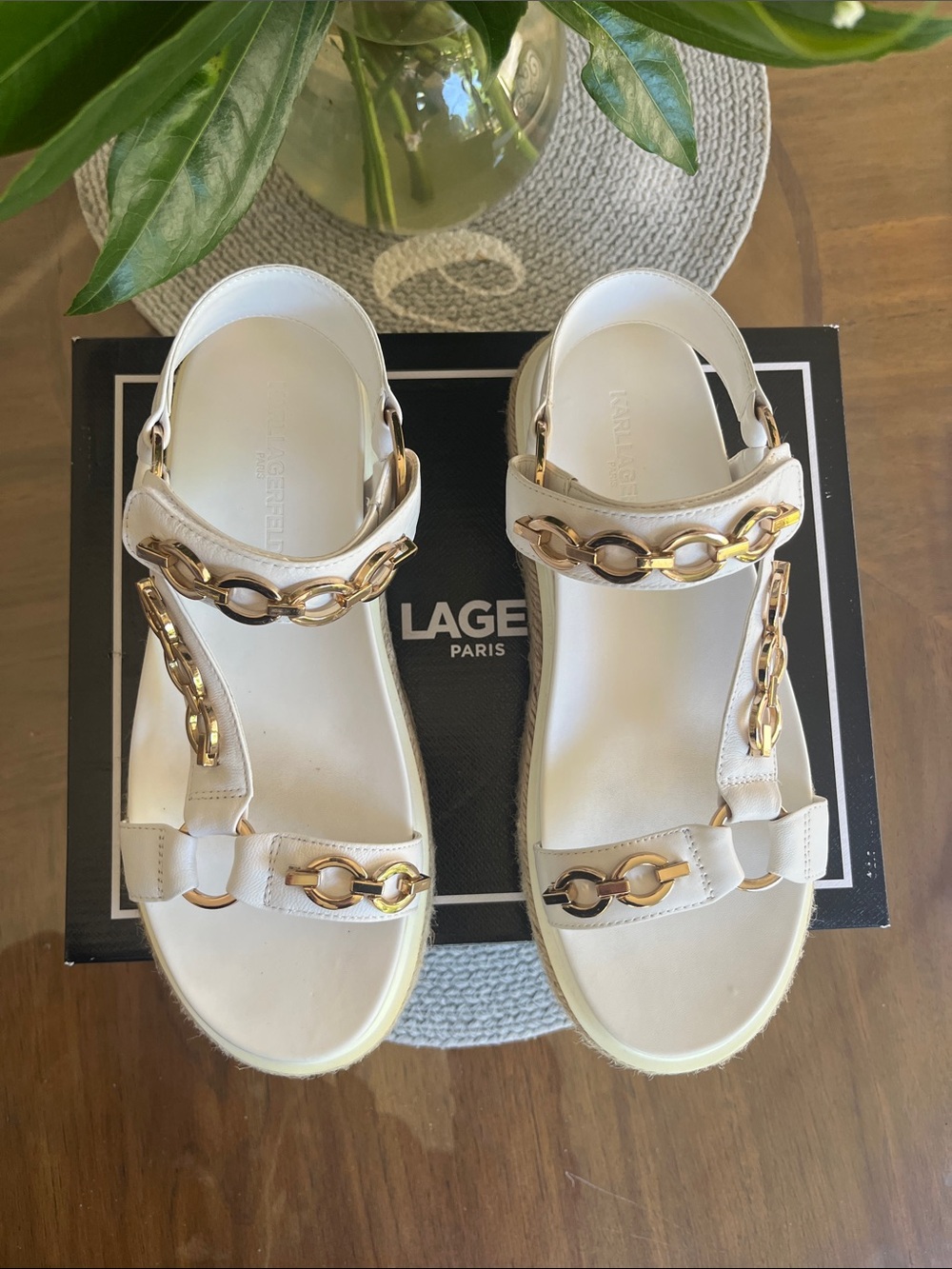 Karl Lagerfeld White Platform Espadrille Sandals with Gold Chain Accent, 8